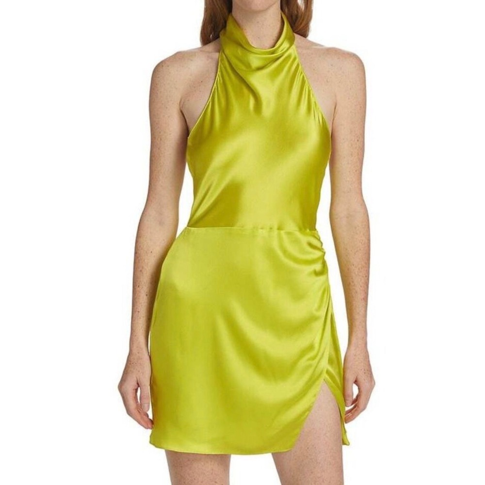 Amanda Uprichard Joanne Chartreuse Lime Green Satin Halter Mini Dress Open Back